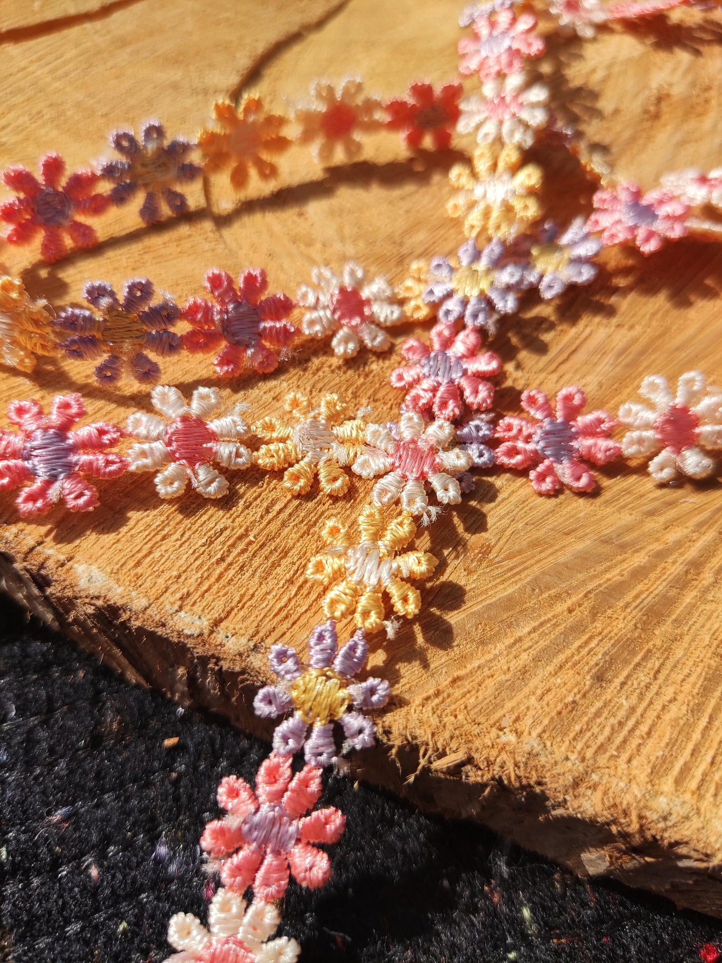 Colourful Embroidered Daisy Chain Trim -Per yard- 1.2cm Narrow Multi colored Rainbow Flower Embellishment-DIY Sewing, Costume, Scrapbooking