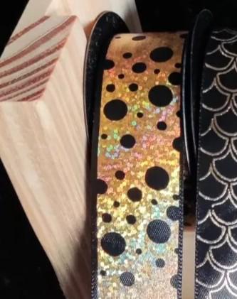 25mm Black Satin Ribbon with Gold Prints- Per Yard- Polka Dot, Harlequin, Floral, Stripy Pattern