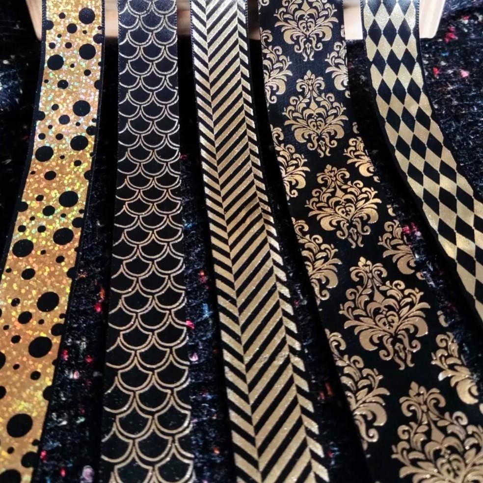 25mm Black Satin Ribbon with Gold Prints- Per Yard- Polka Dot, Harlequin, Floral, Stripy Pattern