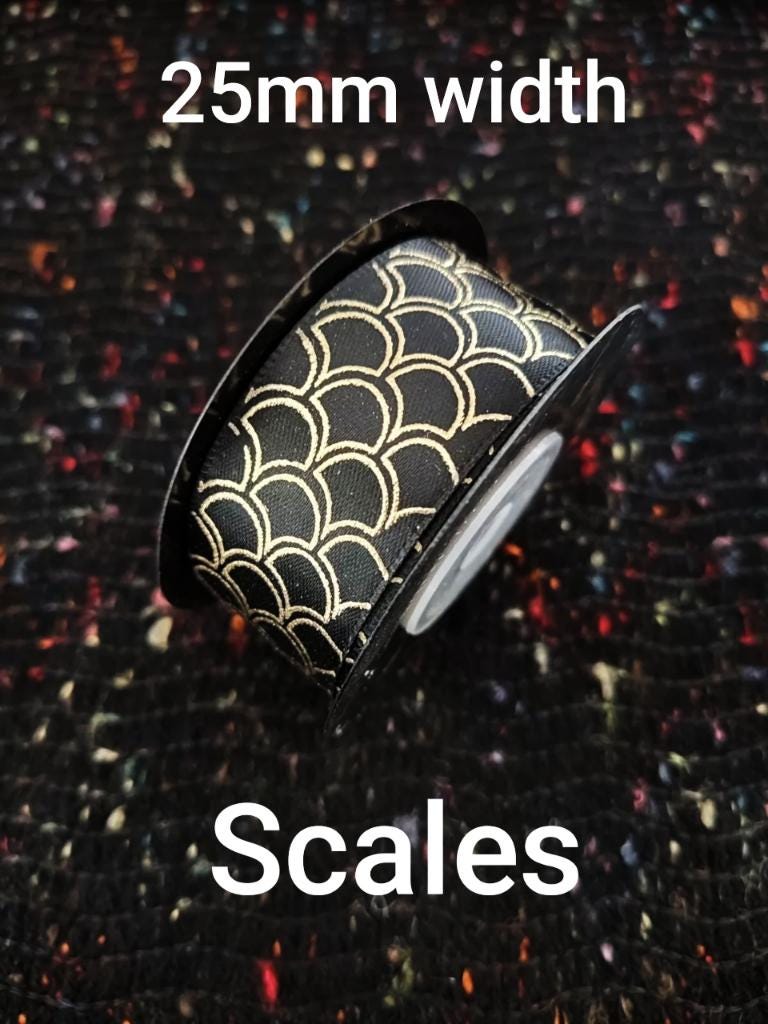25mm Black Satin Ribbon with Gold Prints- Per Yard- Polka Dot, Harlequin, Floral, Stripy Pattern