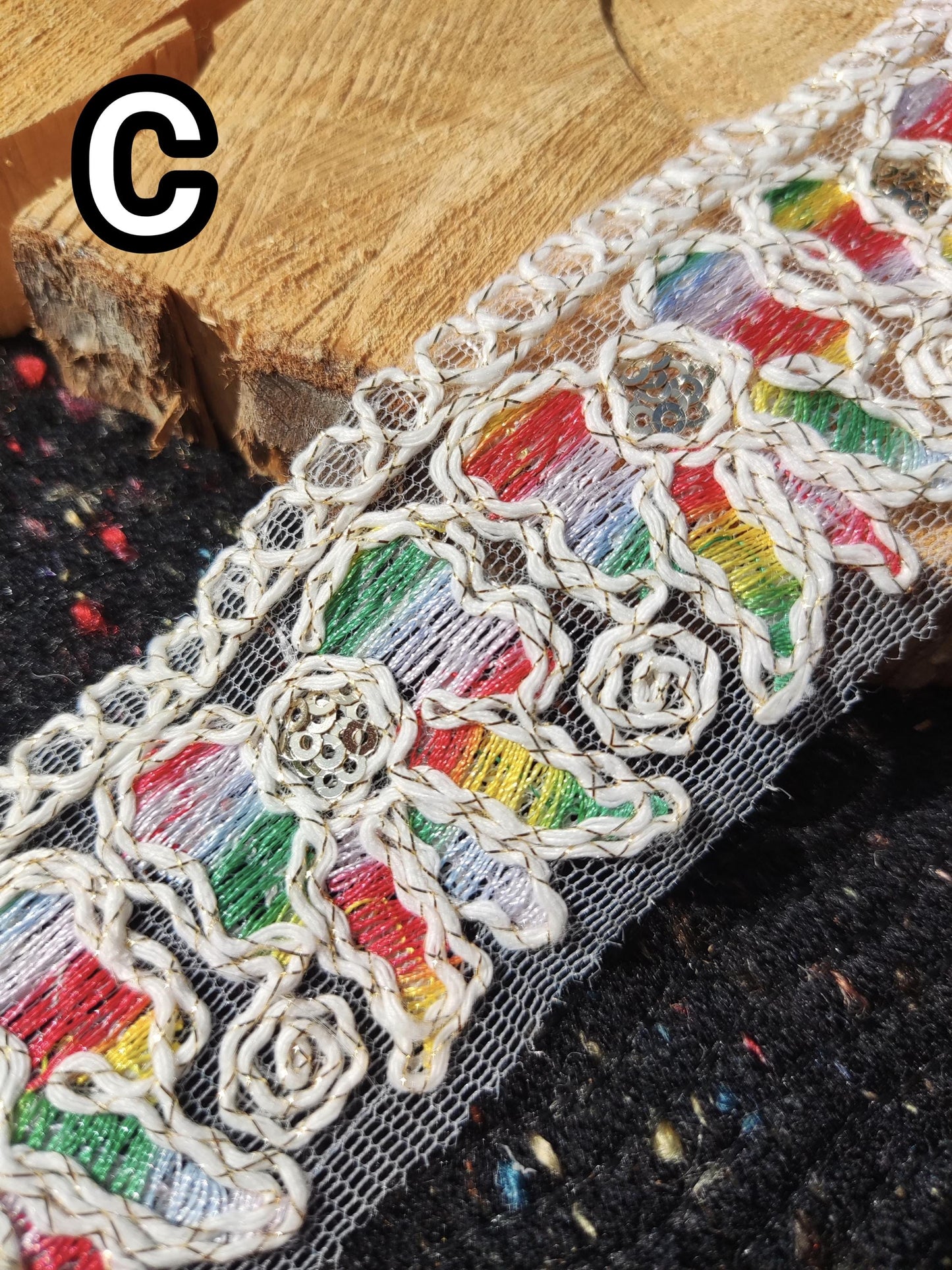 Off white Bohemian Trim with Sequins-4.5cm wide Gold thread Embroidered Mesh Border- Per yard- DIY Costume, Soft furnishings, Dressmaking