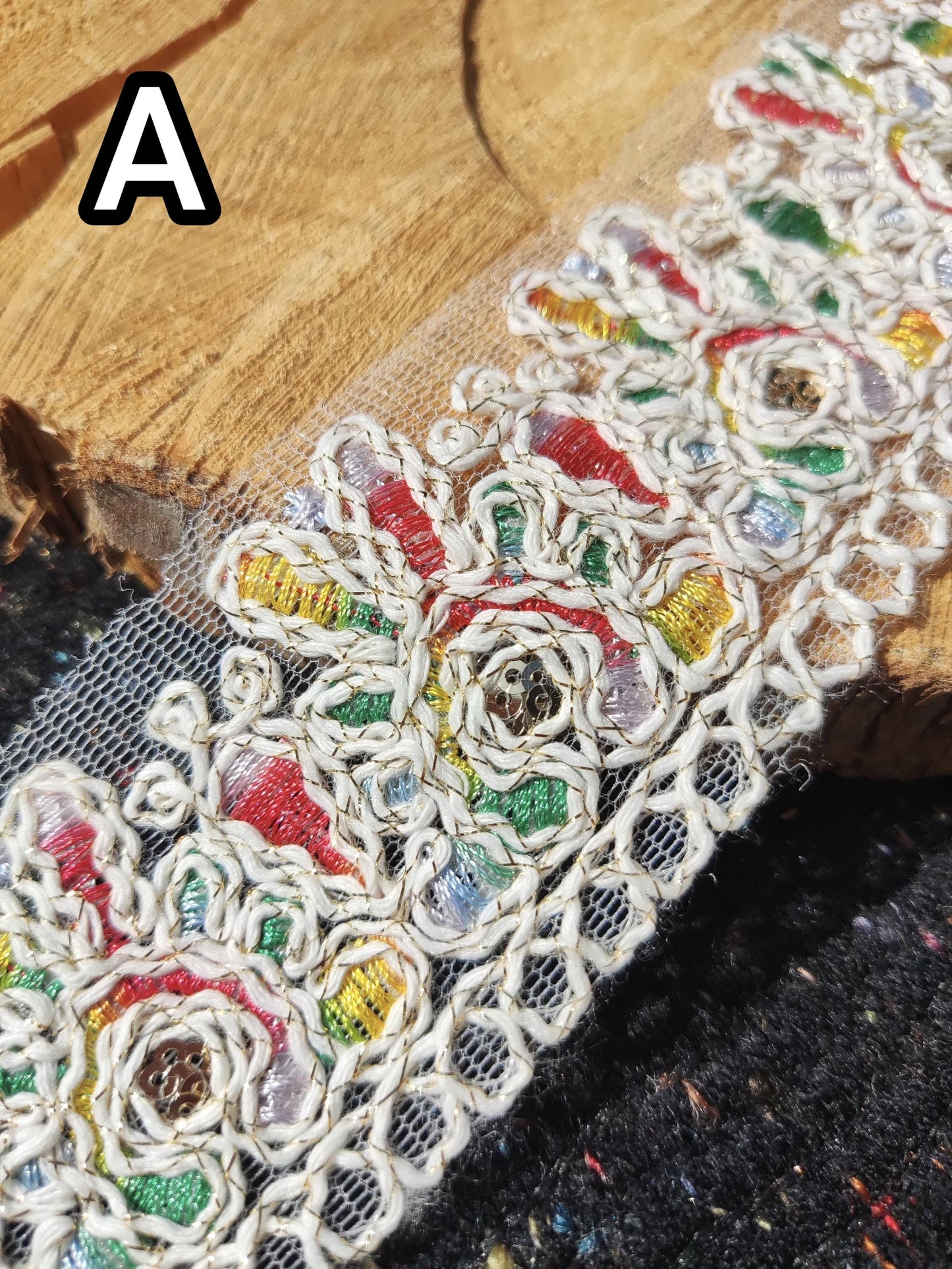 Off white Bohemian Trim with Sequins-4.5cm wide Gold thread Embroidered Mesh Border- Per yard- DIY Costume, Soft furnishings, Dressmaking
