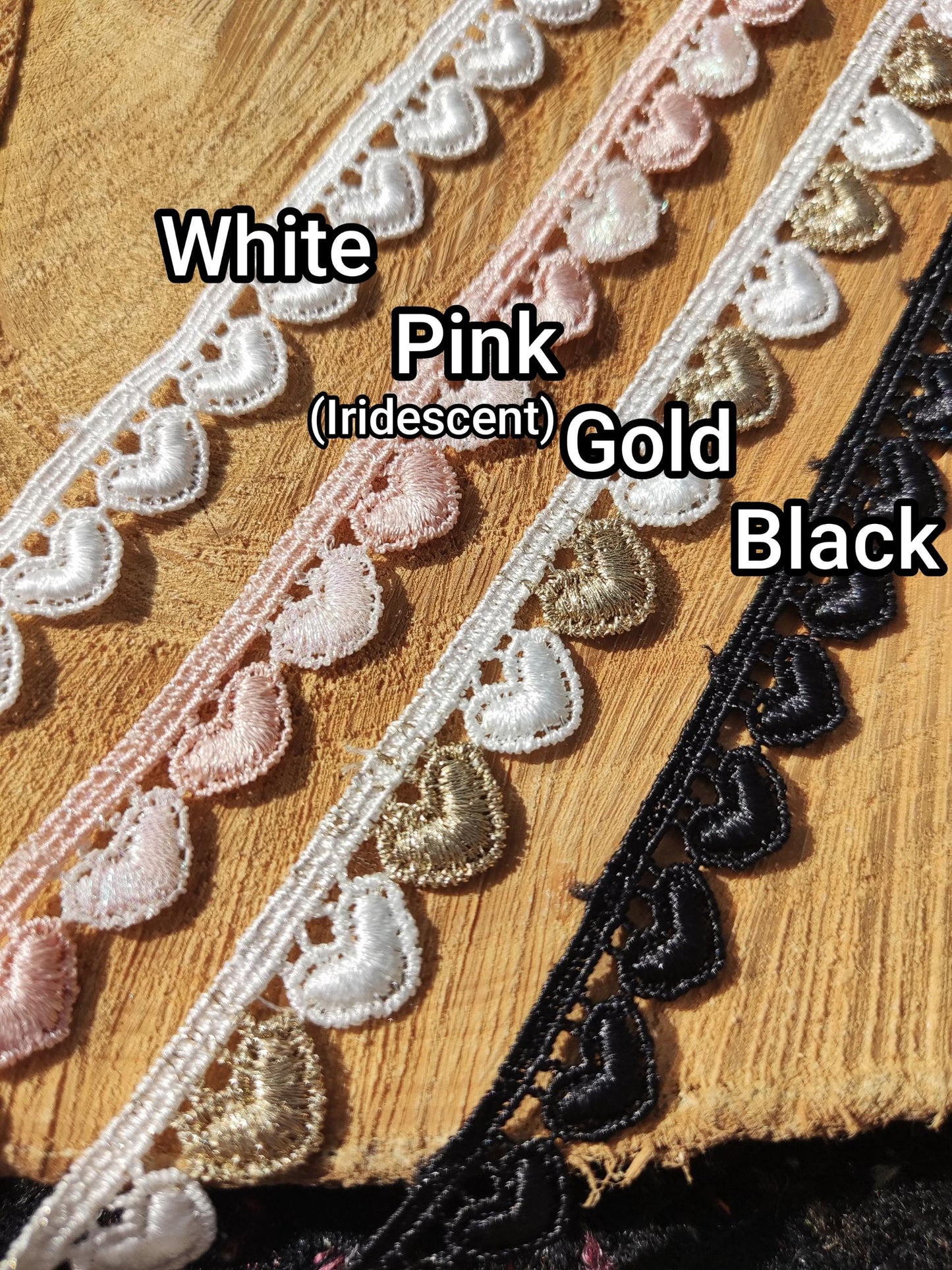 Delicate Love Heart Embroidered Lace trim-12mm wide Fine Embellishment-Per yard- White/Black/Gold/Pink/Iridescent-Necklace DIY Sewing