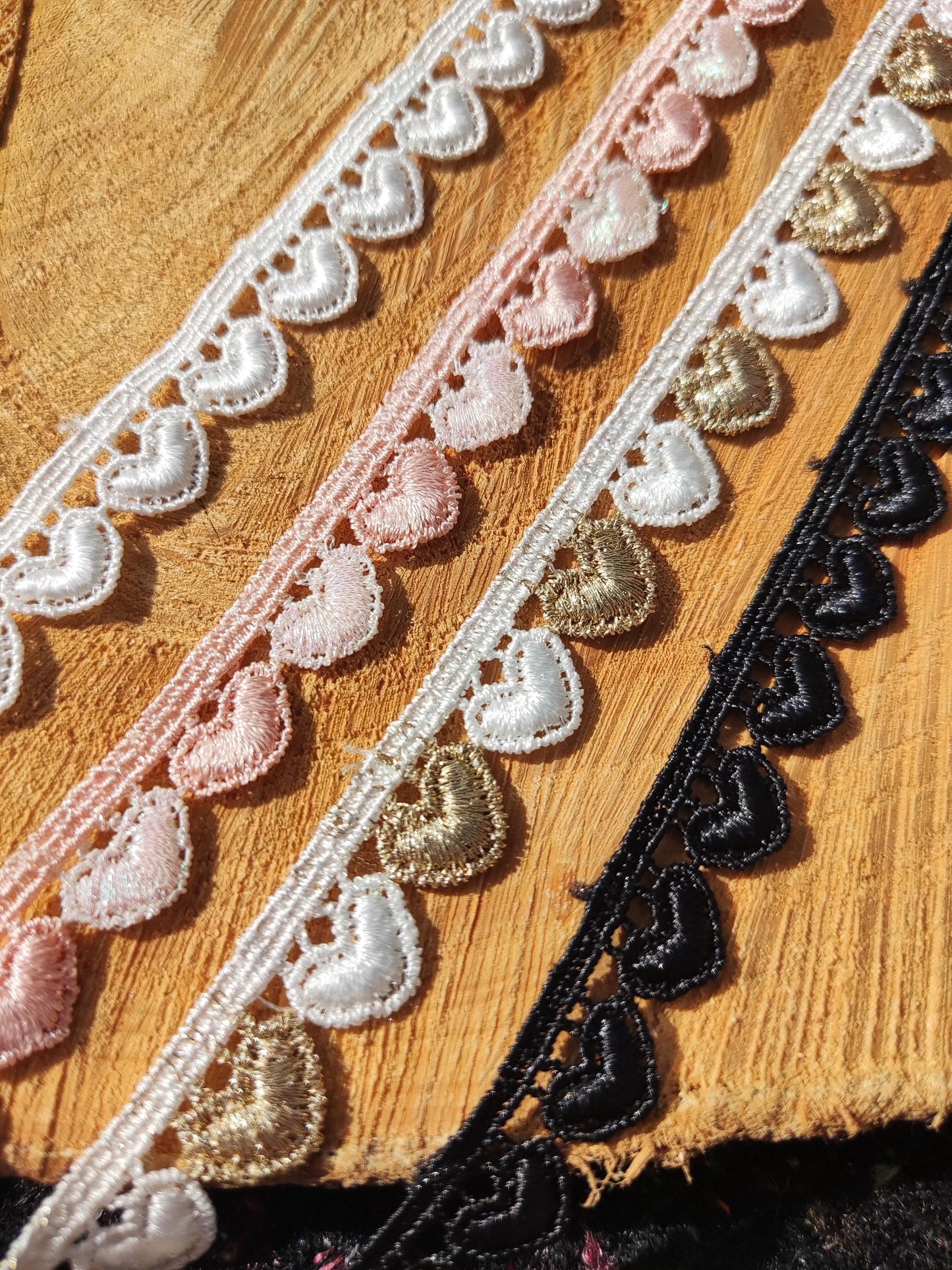 Delicate Love Heart Embroidered Lace trim-12mm wide Fine Embellishment-Per yard- White/Black/Gold/Pink/Iridescent-Necklace DIY Sewing