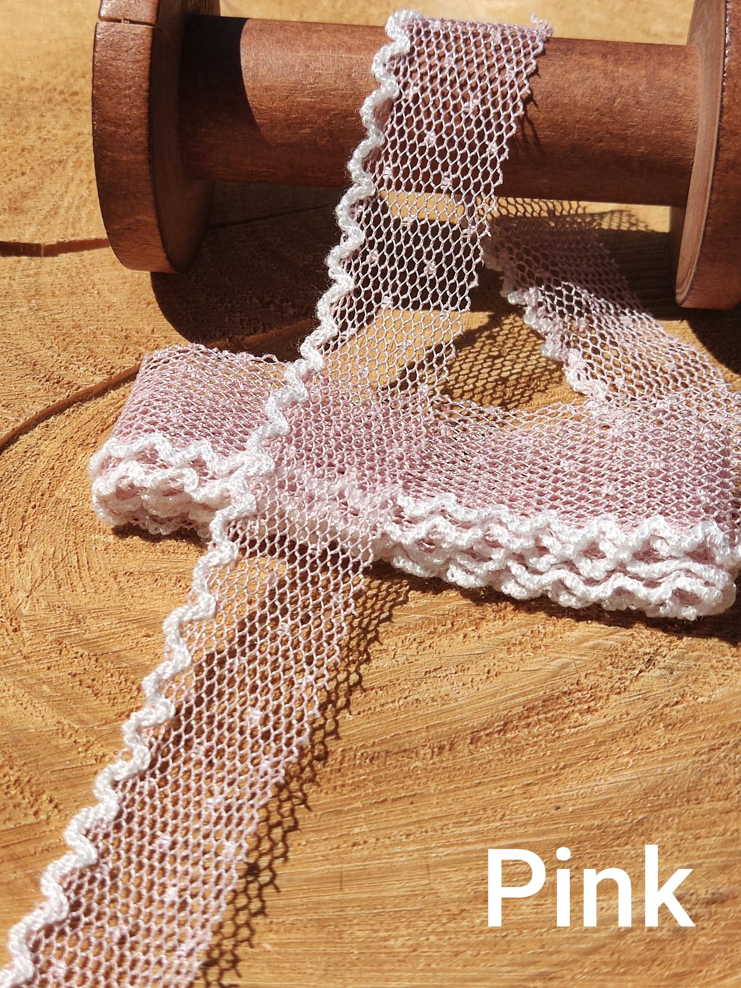Single Scallop Edge Dotty Pastel Mesh Ribbon - 2cm Width Soft Spotty Trim for Doll Clothes, Hairbow, Dressmaking