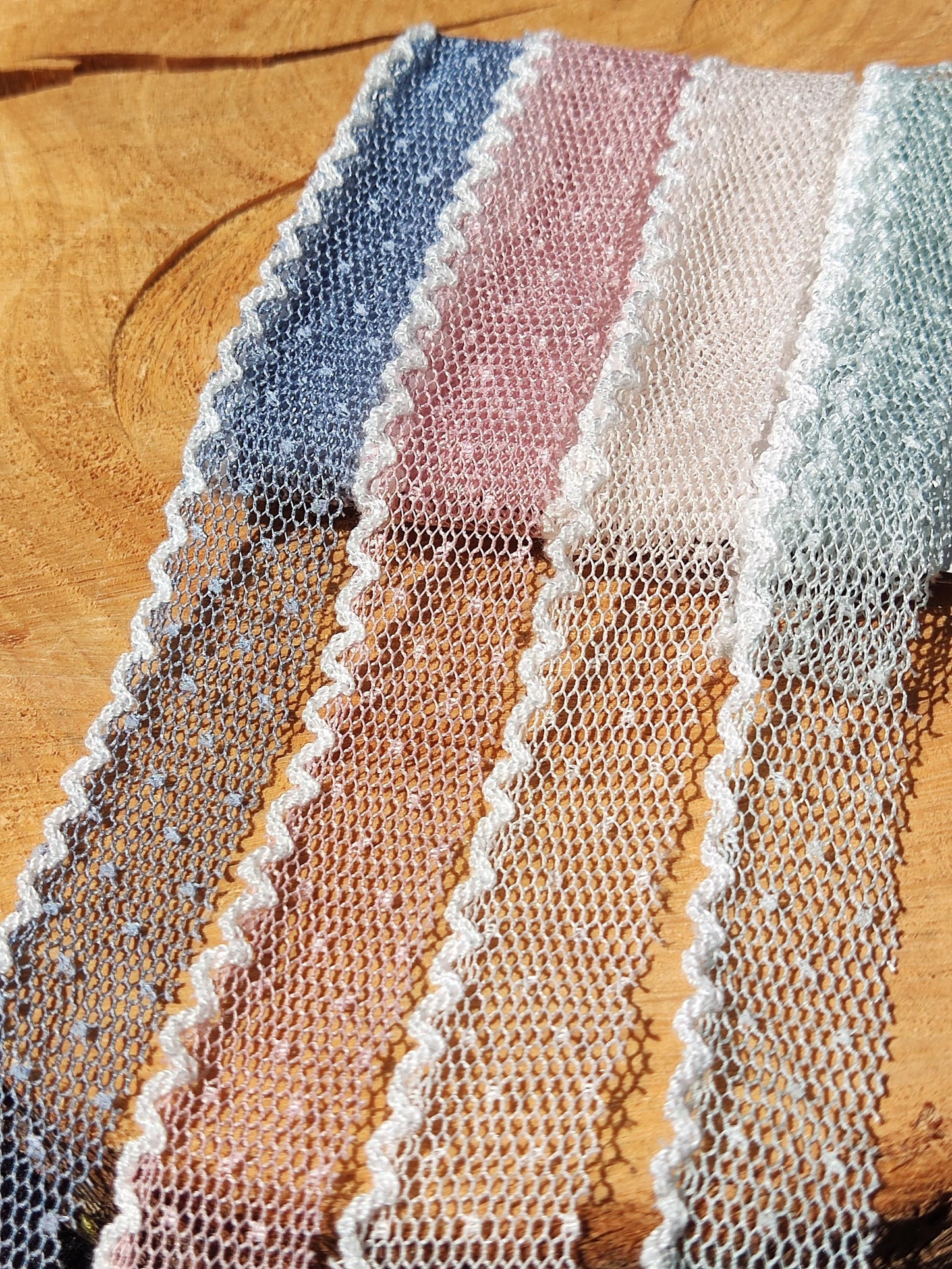 Single Scallop Edge Dotty Pastel Mesh Ribbon - 2cm Width Soft Spotty Trim for Doll Clothes, Hairbow, Dressmaking