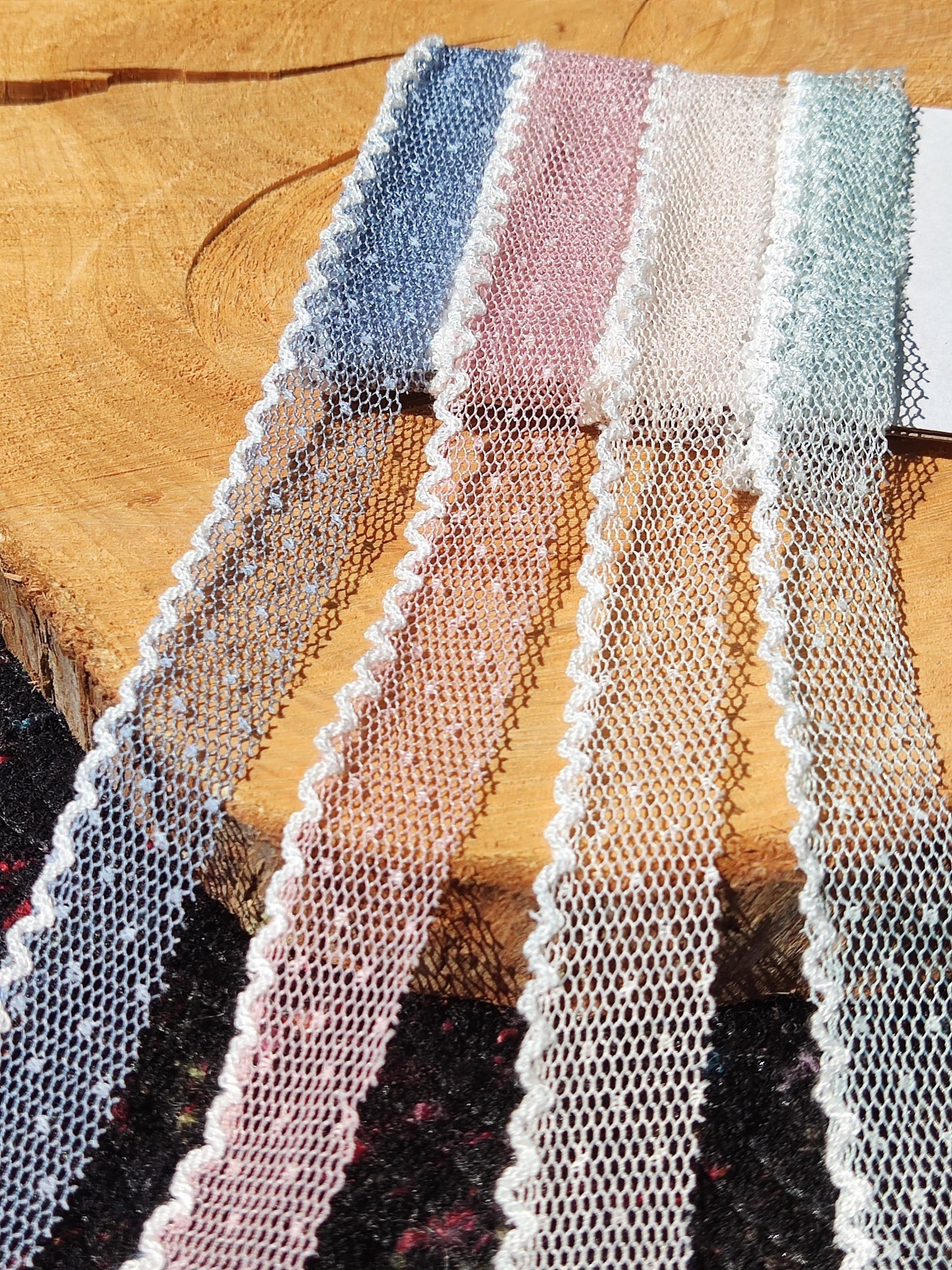 Single Scallop Edge Dotty Pastel Mesh Ribbon - 2cm Width Soft Spotty Trim for Doll Clothes, Hairbow, Dressmaking