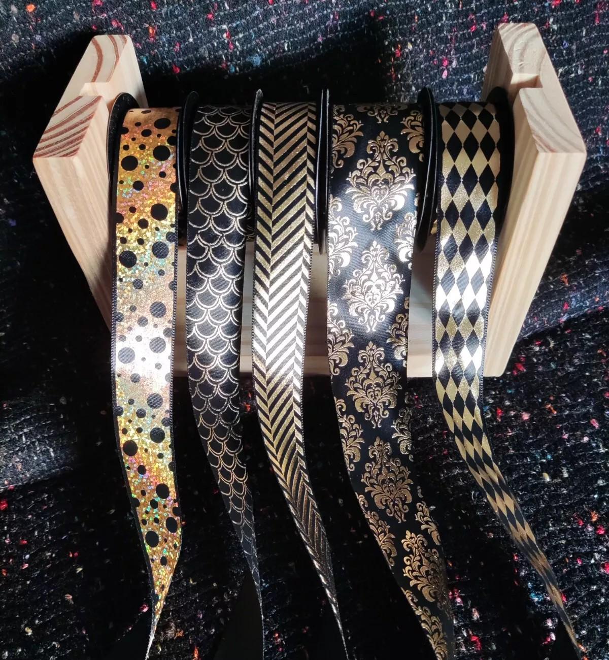 25mm Black Satin Ribbon with Gold Prints- Per Yard- Polka Dot, Harlequin, Floral, Stripy Pattern