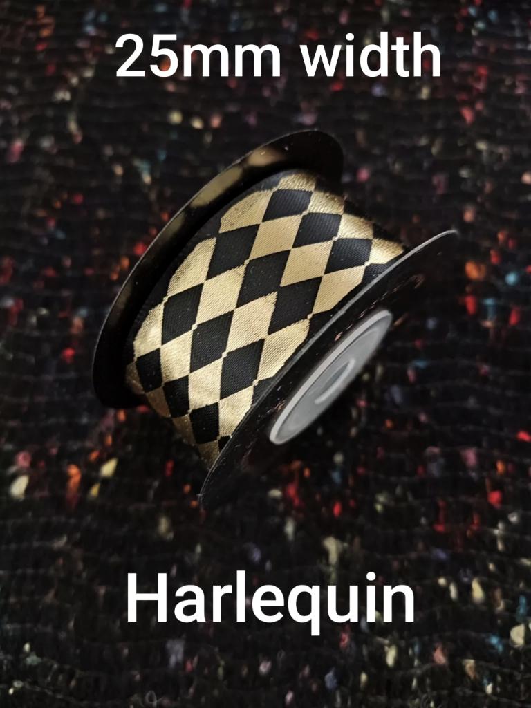 25mm Black Satin Ribbon with Gold Prints- Per Yard- Polka Dot, Harlequin, Floral, Stripy Pattern