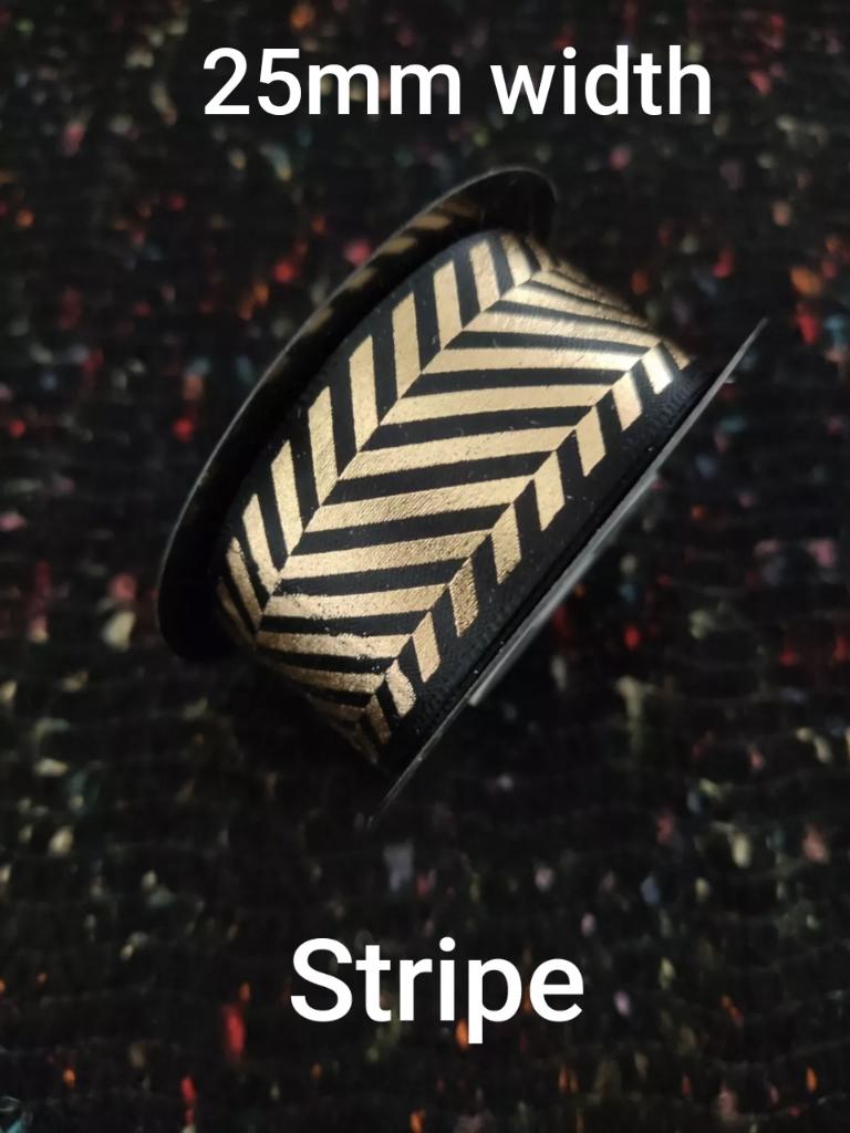 25mm Black Satin Ribbon with Gold Prints- Per Yard- Polka Dot, Harlequin, Floral, Stripy Pattern