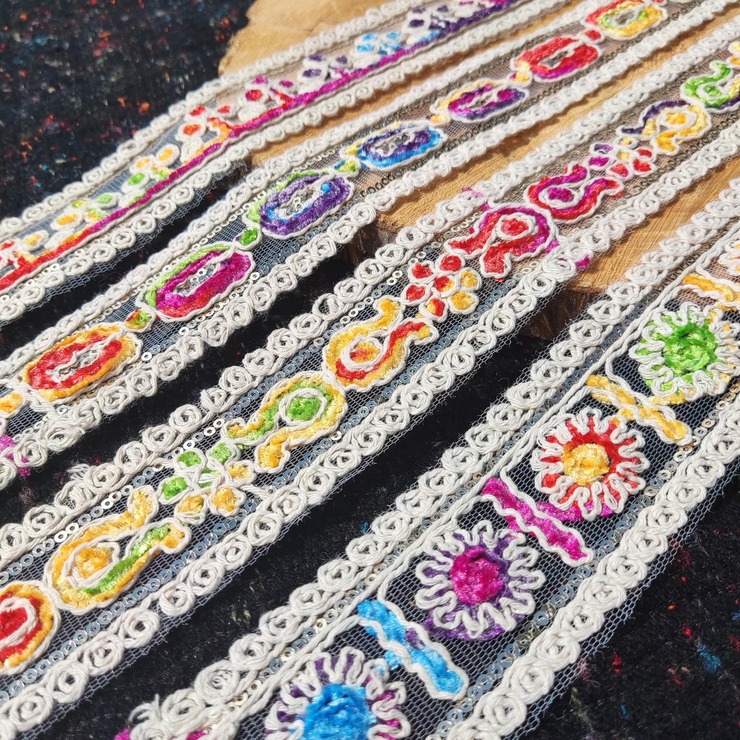 Chenille Embroidered Rainbow Trim- Per yard- 4cm Width Beige Sheer Mesh Ribbon with Sequin for Sewing, Costume DIY, Dressmaking