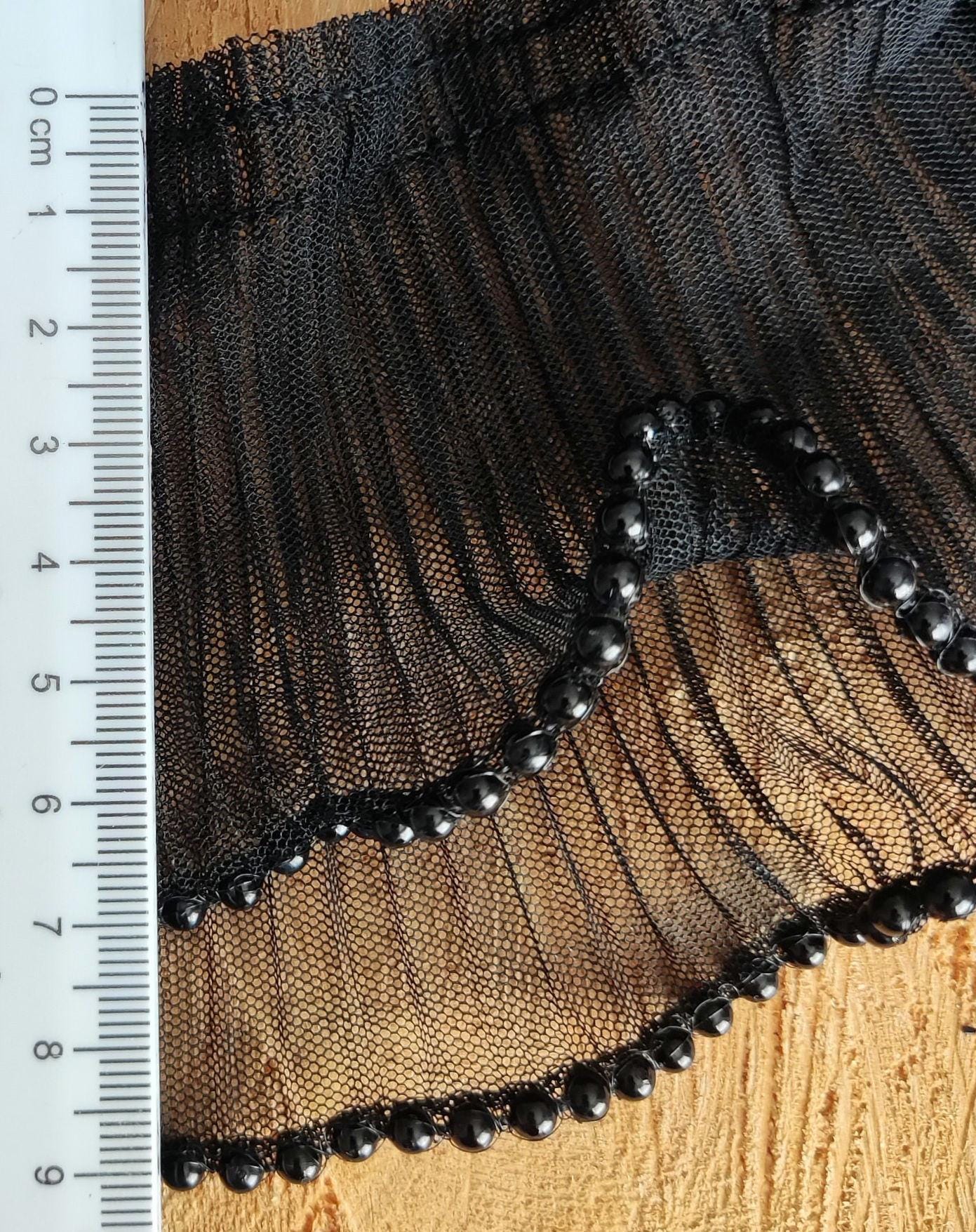 Pleated Tulle Trim Beaded with Faux Pearls- 9cm wide