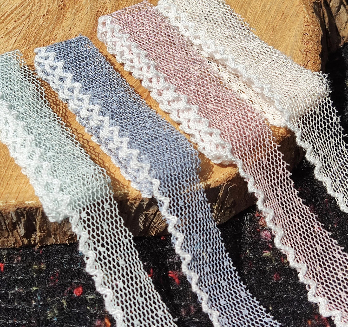 Single Scallop Edge Dotty Pastel Mesh Ribbon - 2cm Width Soft Spotty Trim for Doll Clothes, Hairbow, Dressmaking