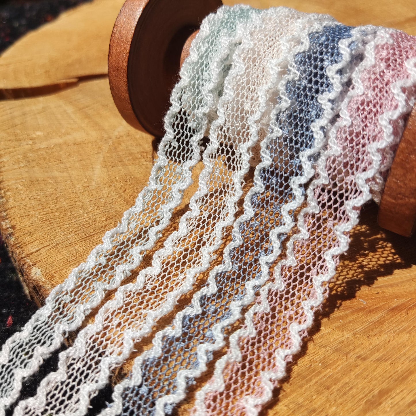 1.5cm Width Pastel Dotted Mesh Ribbon with Double Scallop Edges- Soft Spotty Trim for Doll Clothes, Hairbow, Dressmaking