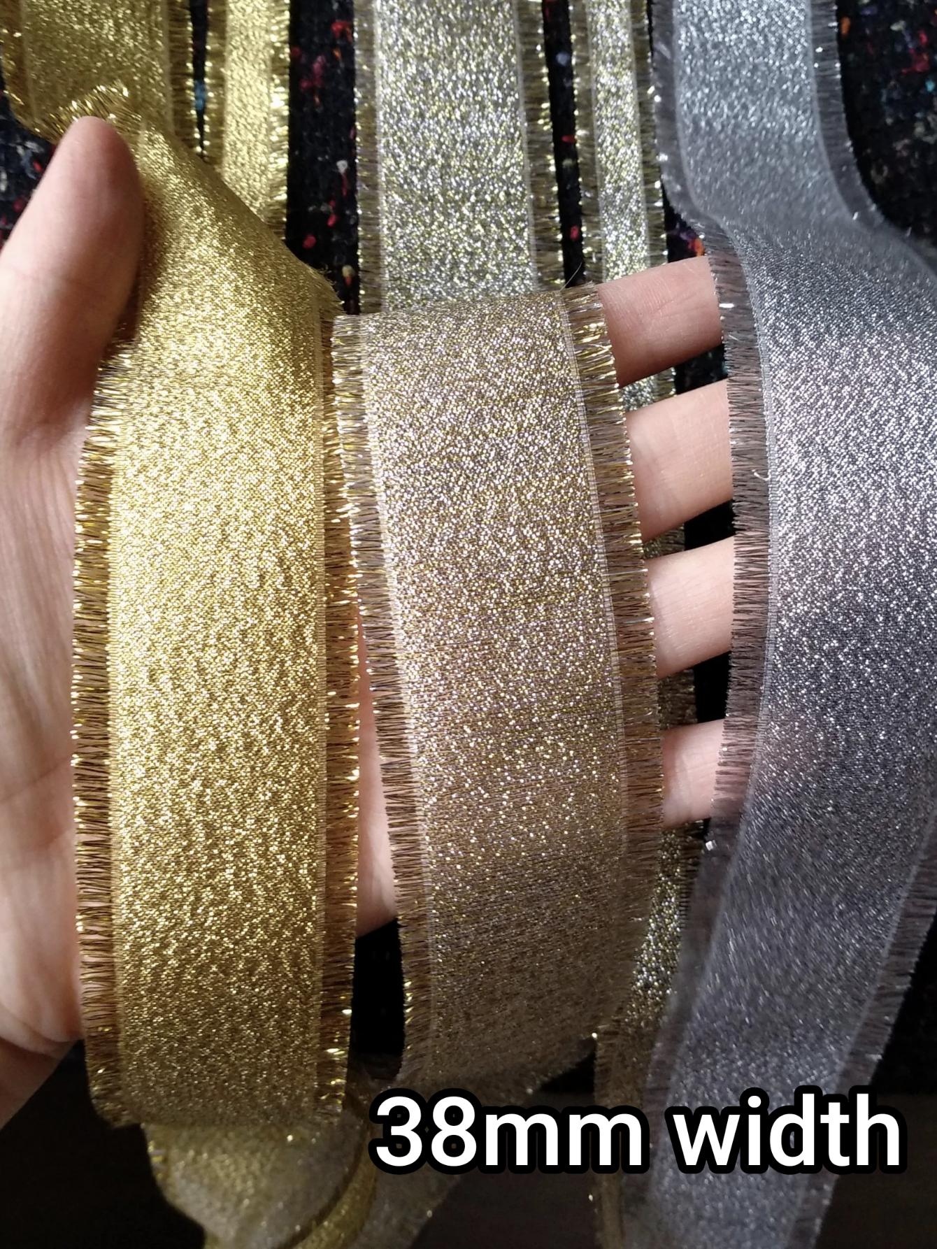 38mm Frayed Edge Lurex Ribbon- Waterproof Metallic Ribbon in Gold or Silver- Luxury Sparkly Gift Wrap for Christmas, Wreaths DIY, Halloween