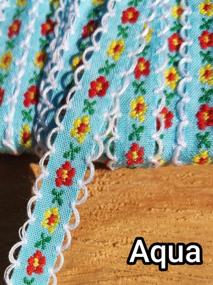 1cm Width Tiny Floral Embroidered Trim- Per yard- Narrow Mini Flower Ribbon with Scallop edge- For Sewing, Doll making