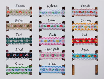 1cm Width Tiny Floral Embroidered Trim- Per yard- Narrow Mini Flower Ribbon with Scallop edge- For Sewing, Doll making