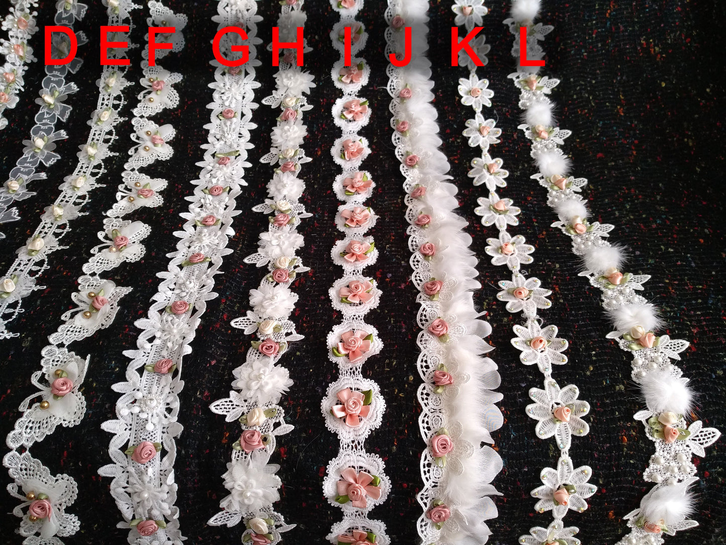 Beaded Floral Lace Trim with Satin Rose bud- sold by the yard