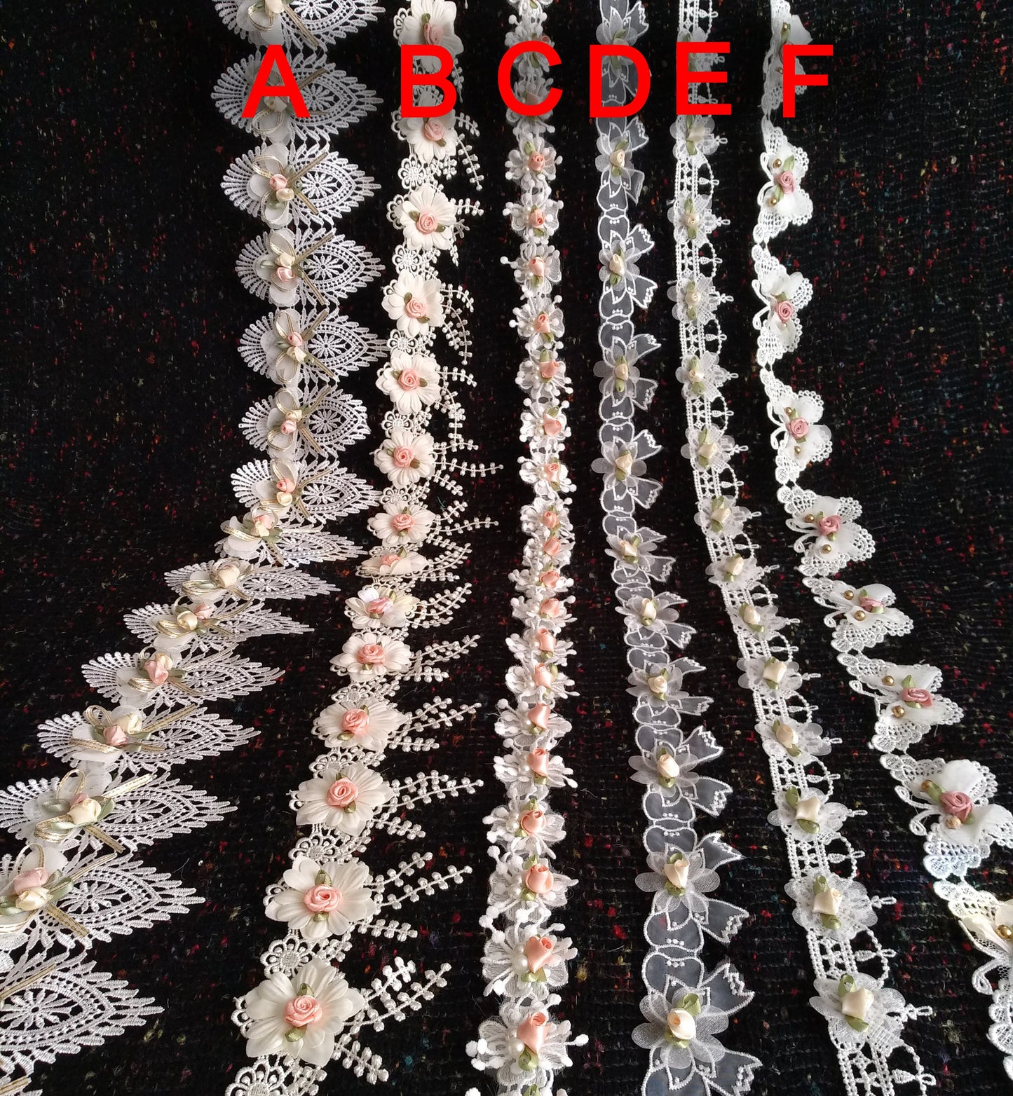 Beaded Floral Lace Trim with Satin Rose bud- sold by the yard