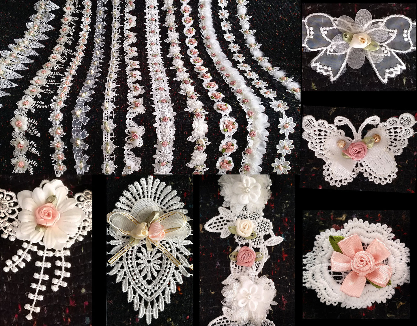 Beaded Floral Lace Trim with Satin Rose bud- sold by the yard