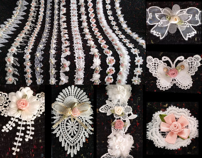 Beaded Floral Lace Trim with Satin Rose bud- sold by the yard