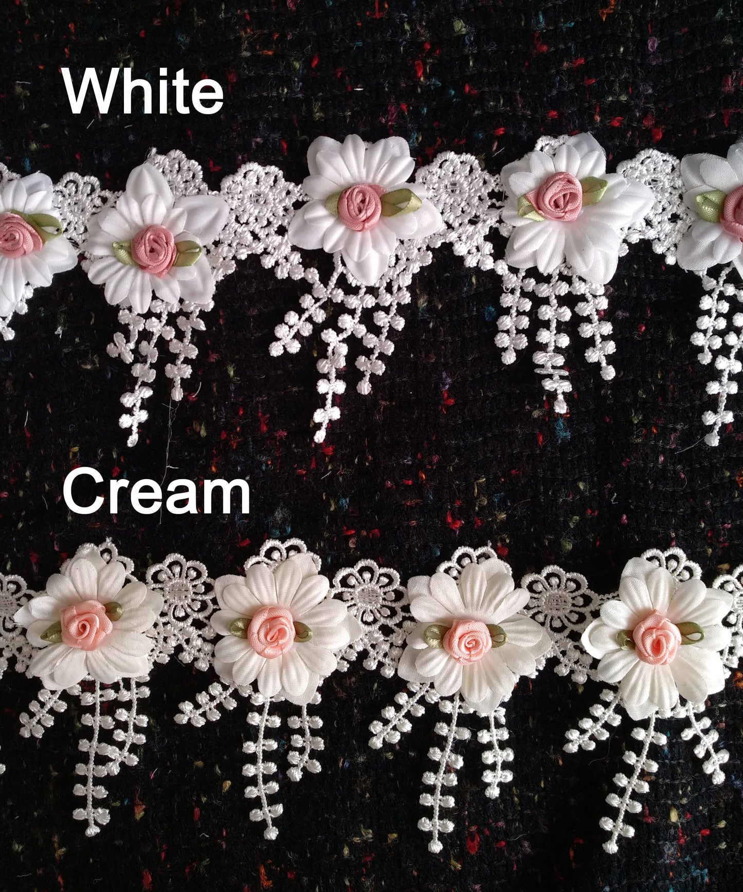 Beaded Floral Lace Trim with Satin Rose bud- sold by the yard