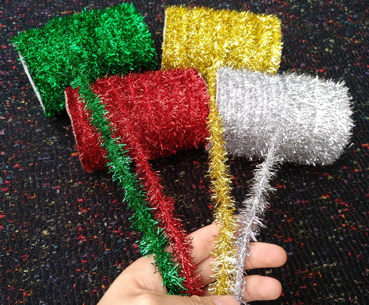 Unwired Metallic Mini Tinsel -0.5in width Fluffy Straggly Ribbon String- For Table top Christmas tree Decoration, Party hat, Gift wrapping