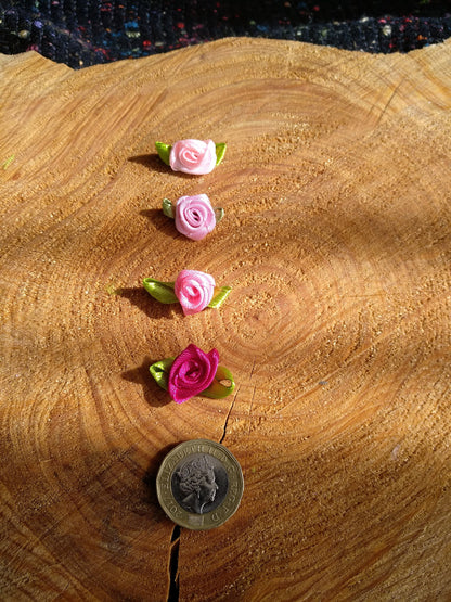 10PC- Small Satin Ribbon Rose Buds -Flower Embellishments- Pink or Red colours