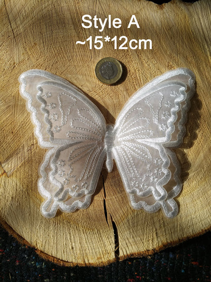 White Butterfly Bridal Lace Applique -Sew on Embroidered Organza Patch- Double layered Motif -Veil Embellishment, Wedding Dress DIY