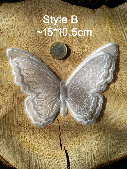 White Butterfly Bridal Lace Applique -Sew on Embroidered Organza Patch- Double layered Motif -Veil Embellishment, Wedding Dress DIY