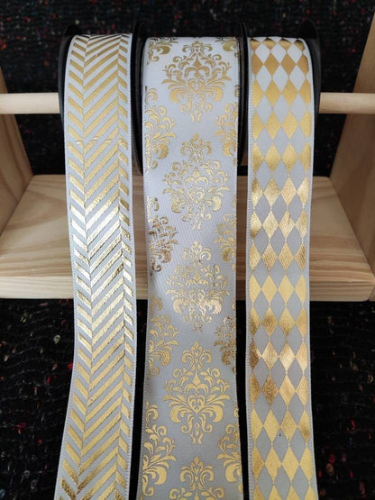 1 yard -White& Gold Ribbon- Harlequin/Diamond/Striped/Floral pattern- Craft DIY