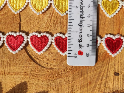Embroidered Love Heart Lace Trim- 2cm width Colourful Ribbon Border- Per yard- DIY Clothing, Costume, Festival Dressmaking, Upholstery Decor