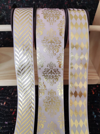 Pink& Gold Ribbon- Harlequin/Diamond/Striped/Floral pattern- Per yard - Craft DIY