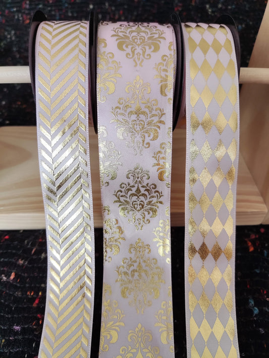 Pink& Gold Ribbon- Harlequin/Diamond/Striped/Floral pattern- Per yard - Craft DIY