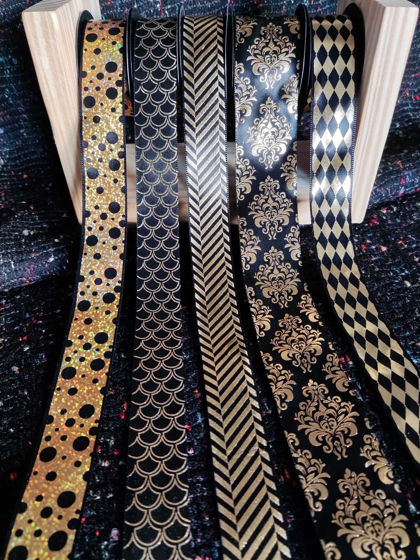 25mm Black Satin Ribbon with Gold Prints- Per Yard- Polka Dot, Harlequin, Floral, Stripy Pattern