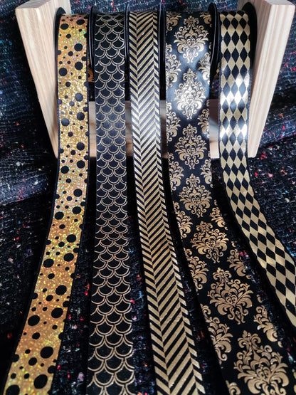 25mm Black Satin Ribbon with Gold Prints- Per Yard- Polka Dot, Harlequin, Floral, Stripy Pattern