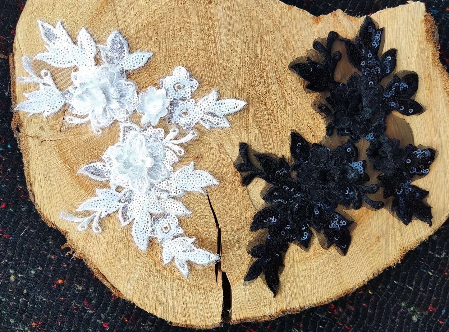 Sew on Floral Applique with Sequin- Black or White Organza Motif Embellishments- For Wedding Dress DIY, Bridal Gown Decoration