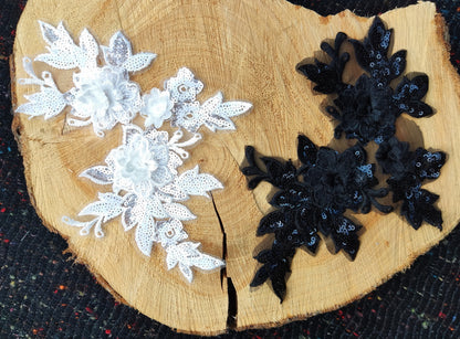 Sew on Floral Applique with Sequin- Black or White Organza Motif Embellishments- For Wedding Dress DIY, Bridal Gown Decoration
