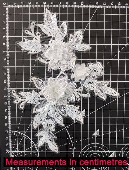 Sew on Floral Applique with Sequin- Black or White Organza Motif Embellishments- For Wedding Dress DIY, Bridal Gown Decoration