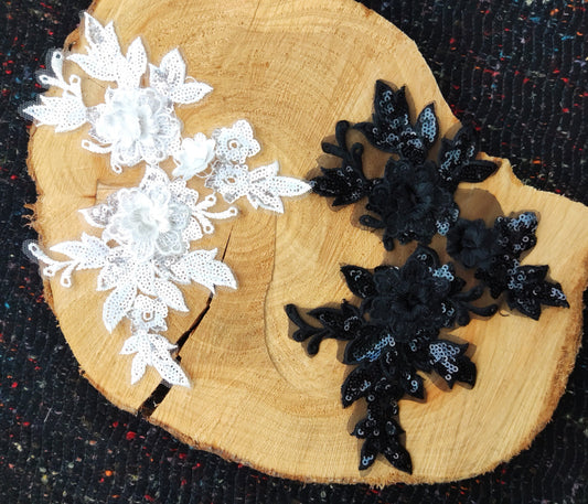 Sew on Floral Applique with Sequin- Black or White Organza Motif Embellishments- For Wedding Dress DIY, Bridal Gown Decoration
