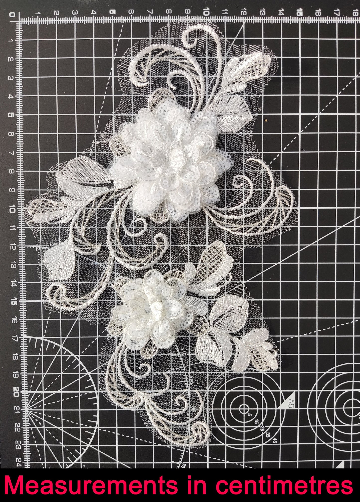 Sew on White Floral Sequined Applique- Flower Organza Motif Embellishments- Rose Swirl- For Wedding Dress, Bridal Gown DIY