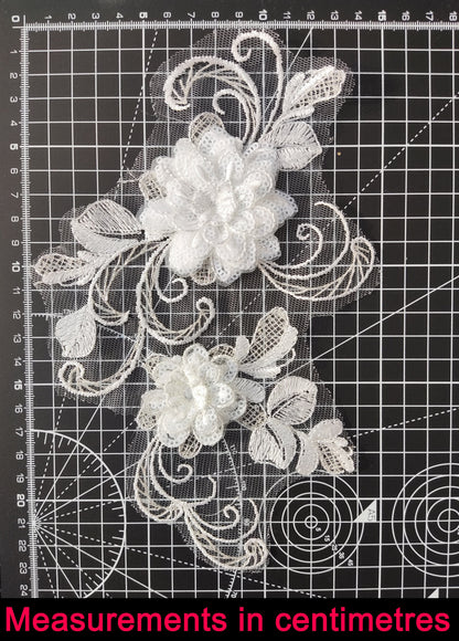 Sew on White Floral Sequined Applique- Flower Organza Motif Embellishments- Rose Swirl- For Wedding Dress, Bridal Gown DIY