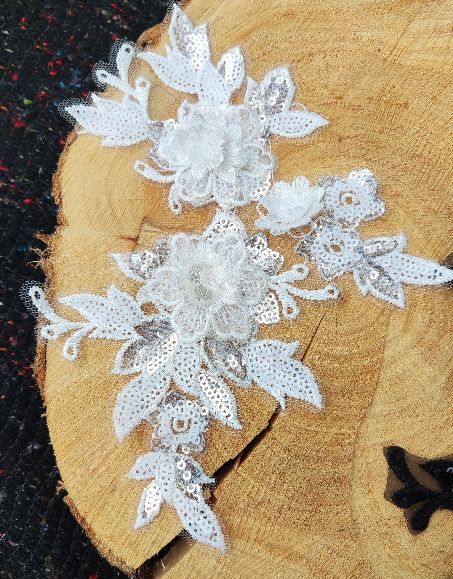 Sew on Floral Applique with Sequin- Black or White Organza Motif Embellishments- For Wedding Dress DIY, Bridal Gown Decoration