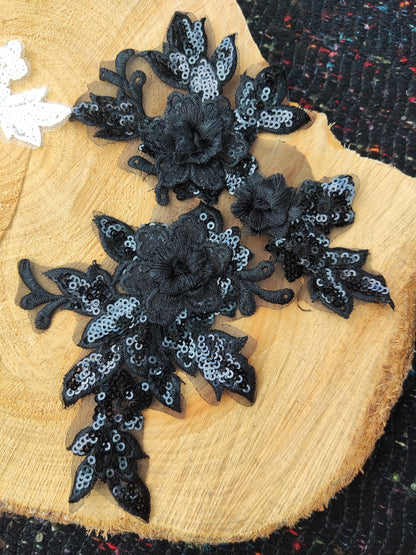 Sew on Floral Applique with Sequin- Black or White Organza Motif Embellishments- For Wedding Dress DIY, Bridal Gown Decoration