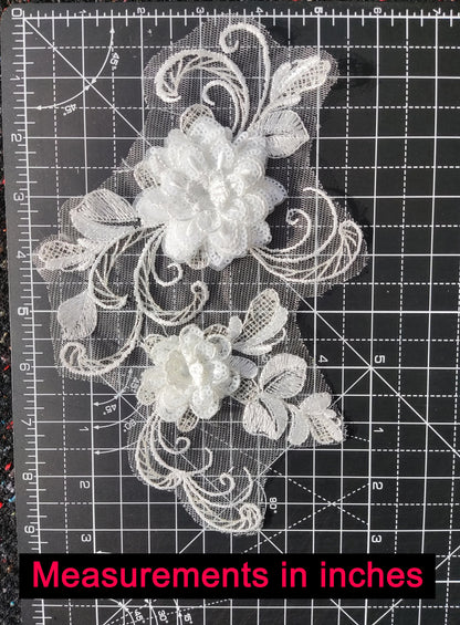 Sew on White Floral Sequined Applique- Flower Organza Motif Embellishments- Rose Swirl- For Wedding Dress, Bridal Gown DIY