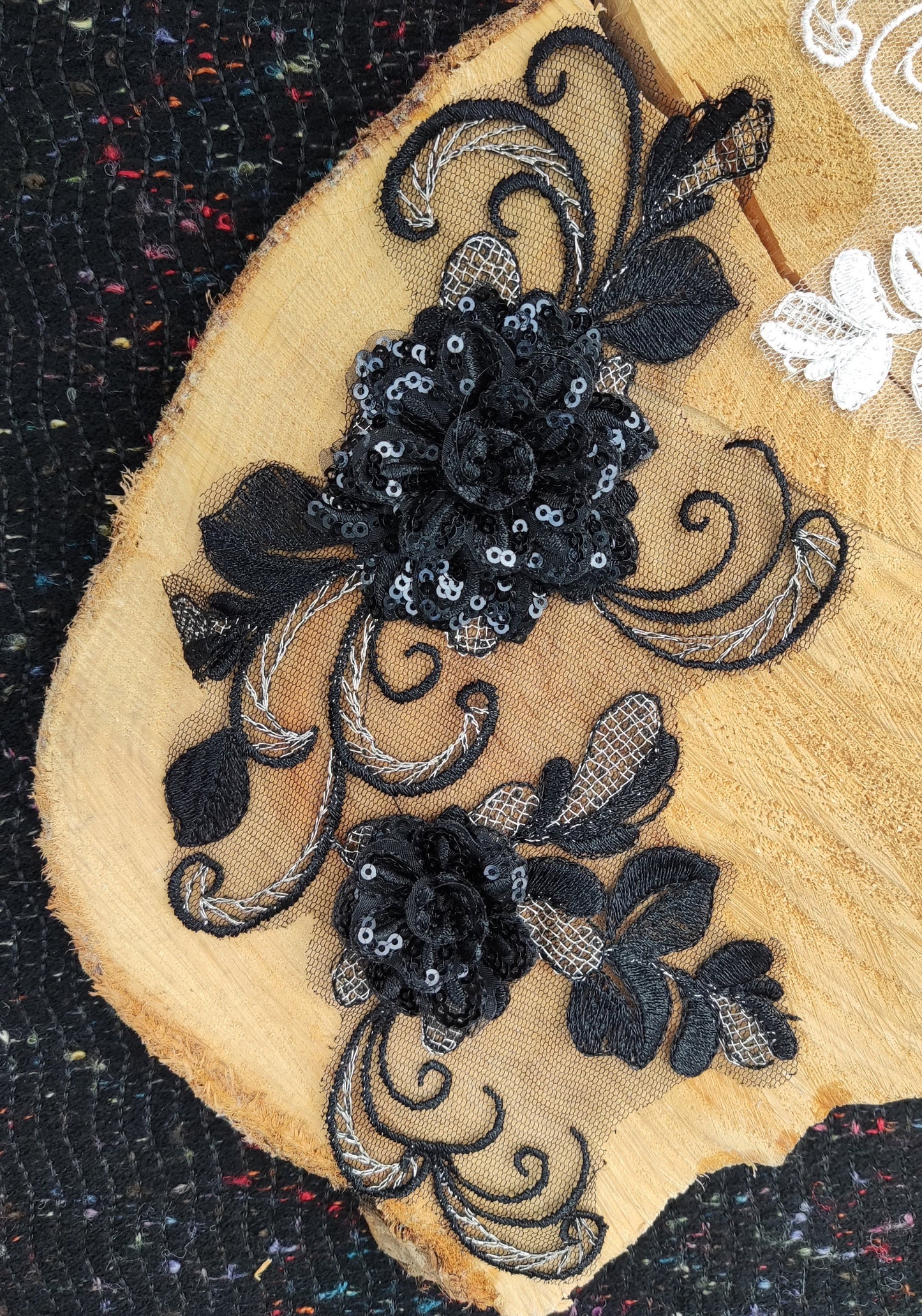 Sew on White Floral Sequined Applique- Flower Organza Motif Embellishments- Rose Swirl- For Wedding Dress, Bridal Gown DIY