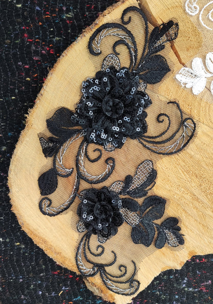 Sew on White Floral Sequined Applique- Flower Organza Motif Embellishments- Rose Swirl- For Wedding Dress, Bridal Gown DIY