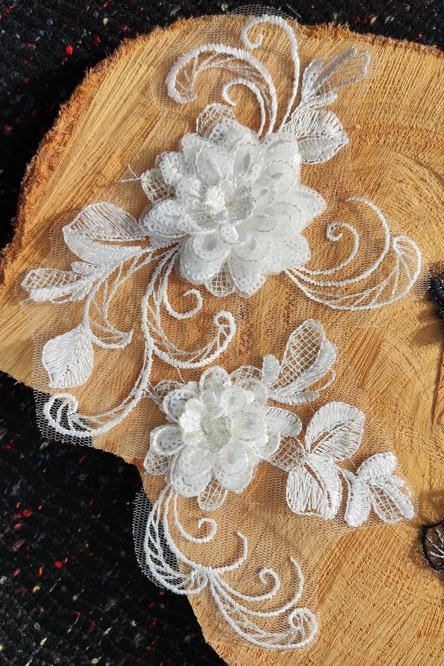 Sew on White Floral Sequined Applique- Flower Organza Motif Embellishments- Rose Swirl- For Wedding Dress, Bridal Gown DIY