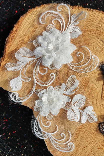 Sew on White Floral Sequined Applique- Flower Organza Motif Embellishments- Rose Swirl- For Wedding Dress, Bridal Gown DIY