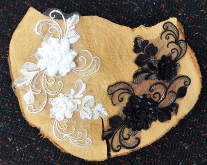 Sew on White Floral Sequined Applique- Flower Organza Motif Embellishments- Rose Swirl- For Wedding Dress, Bridal Gown DIY